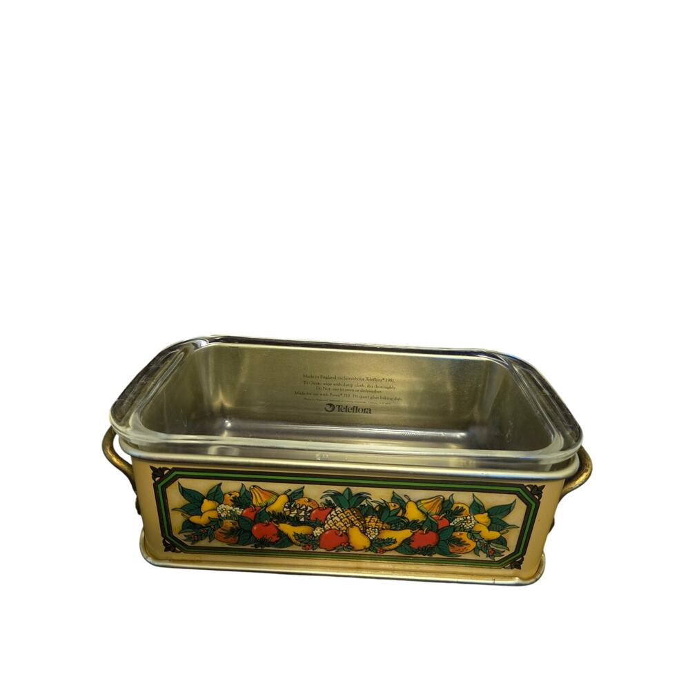 Vintage 1981 Teleflora decorative metal carrier with 1.5-quart glass loaf pan